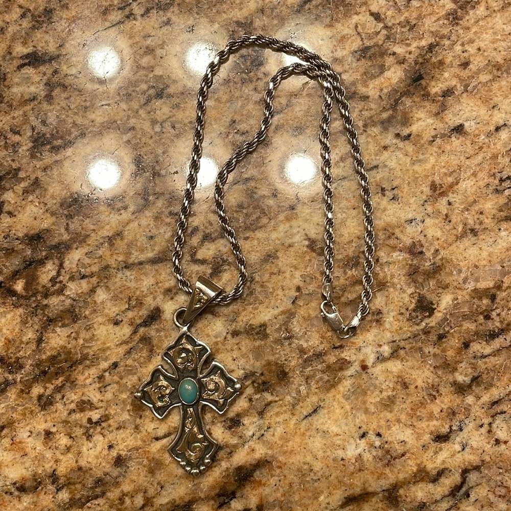 Hyo silver cross w/turquoise stone